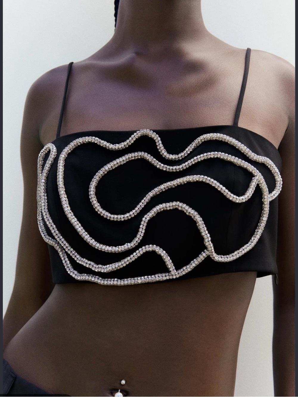 Zara Black Satin Crop Top with Crystal Swirl